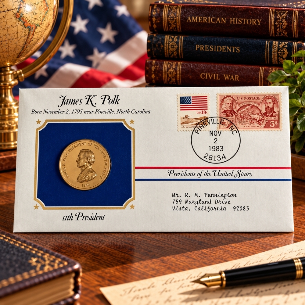James K Polk 11th President 24kt Gold Medal First Day Cover 1983 Postal Society